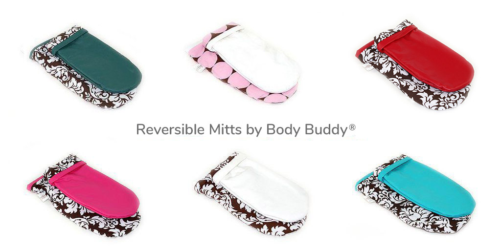 Reversible Mitts by Body Buddy. Teal, White, Cream, Aqua, Scarlet Red, Hot Pink.